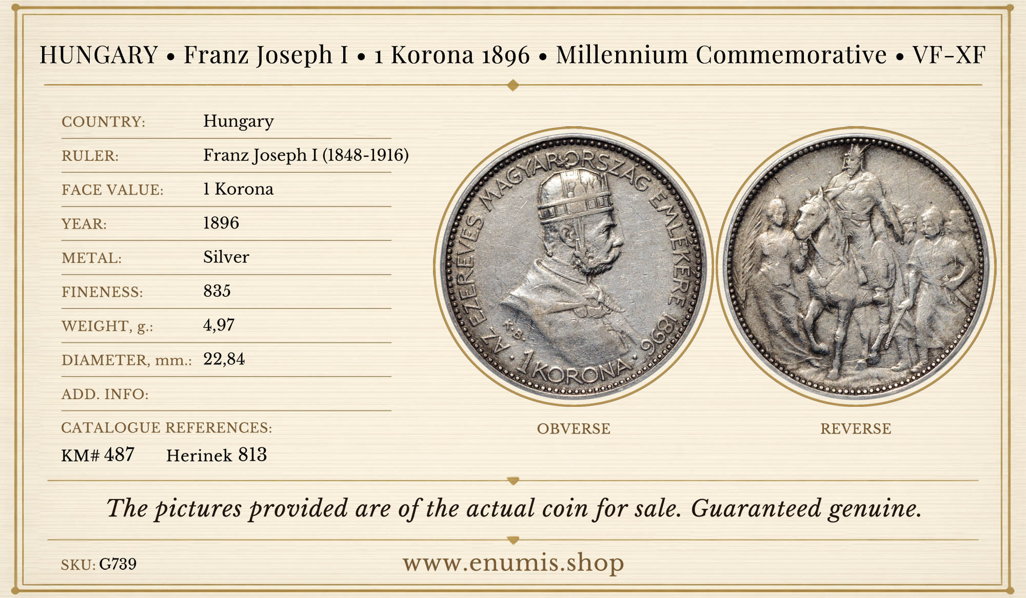 HUNGARY, Franz Joseph I, 1 Korona 1896, Millennium Commemorative, VF-XF HUNGARY, Franz Joseph I, 1 Korona 1896, Millennium Commemorative, VF-XF