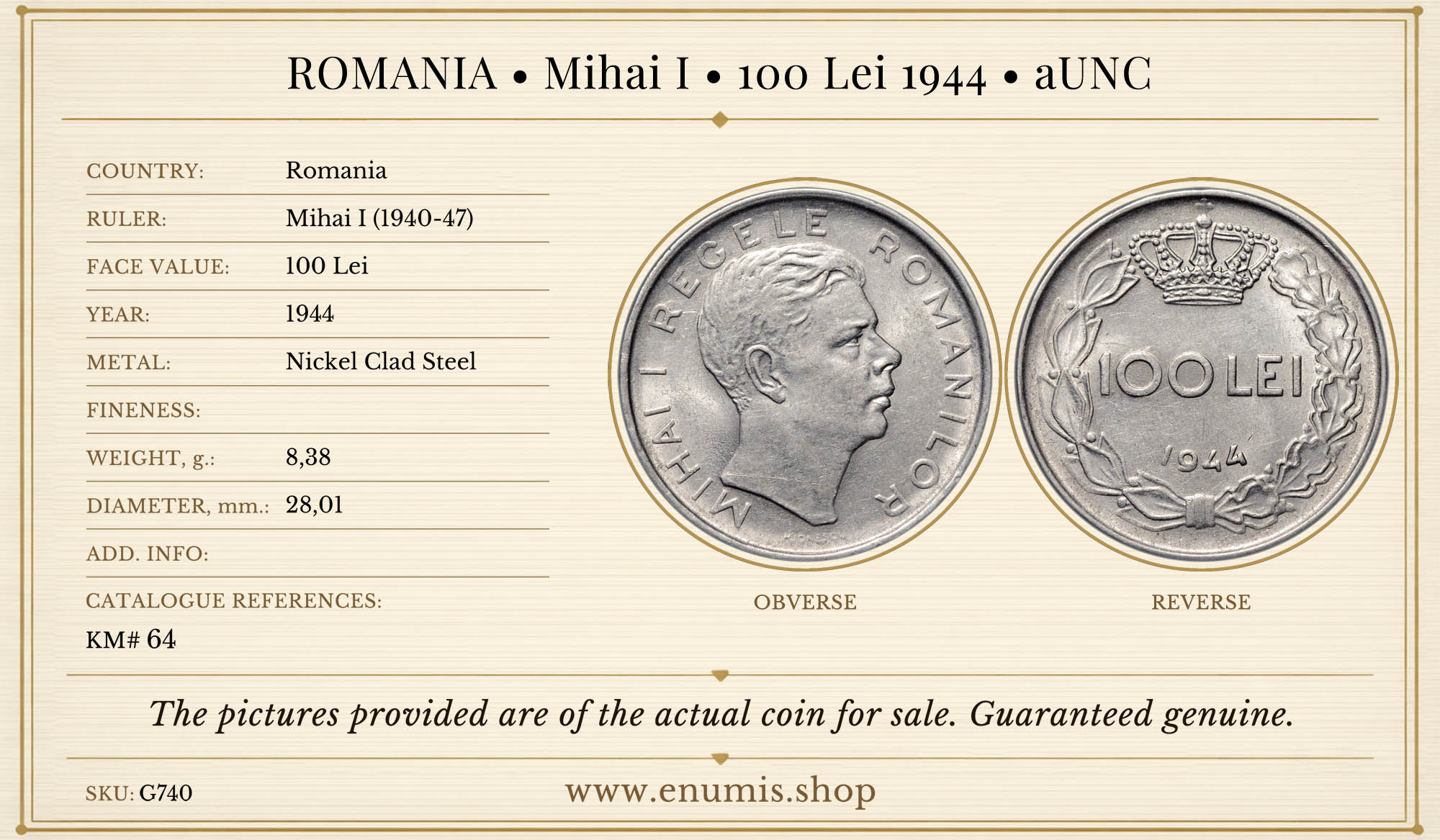 ROMANIA, Mihai I, 100 Lei 1944, aUNC