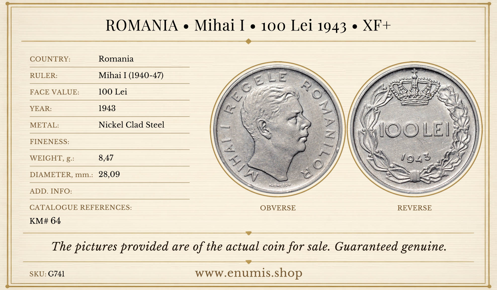 ROMANIA, Mihai I, 100 Lei 1943, XF+ ROMANIA, Mihai I, 100 Lei 1943, XF+