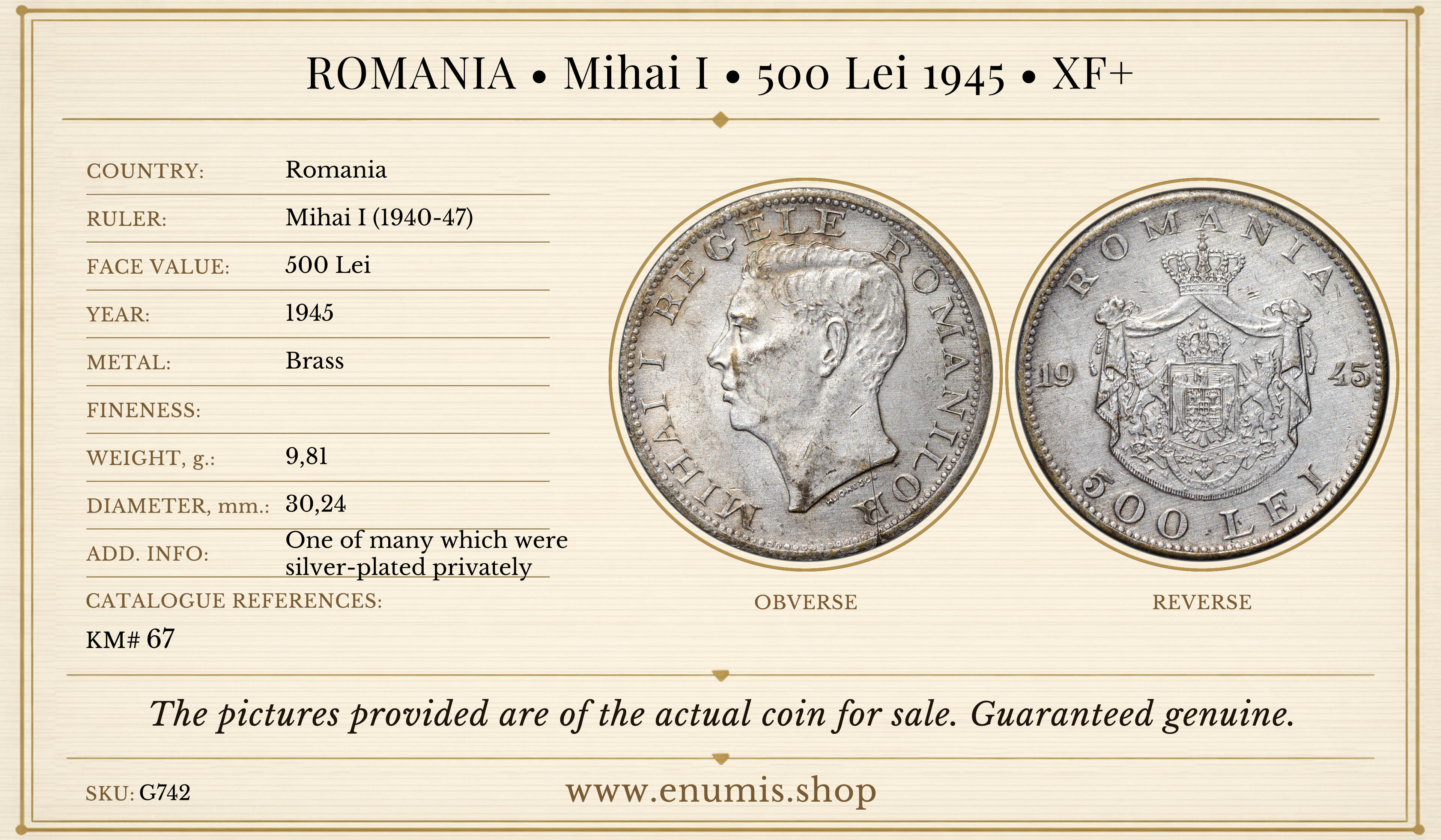 ROMANIA, Mihai I, 500 Lei 1945, XF+