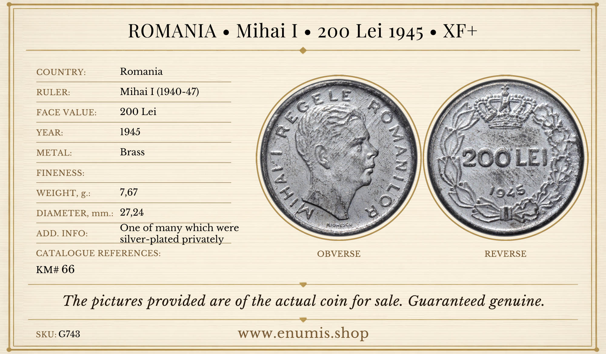 ROMANIA, Mihai I, 200 Lei 1945, XF+