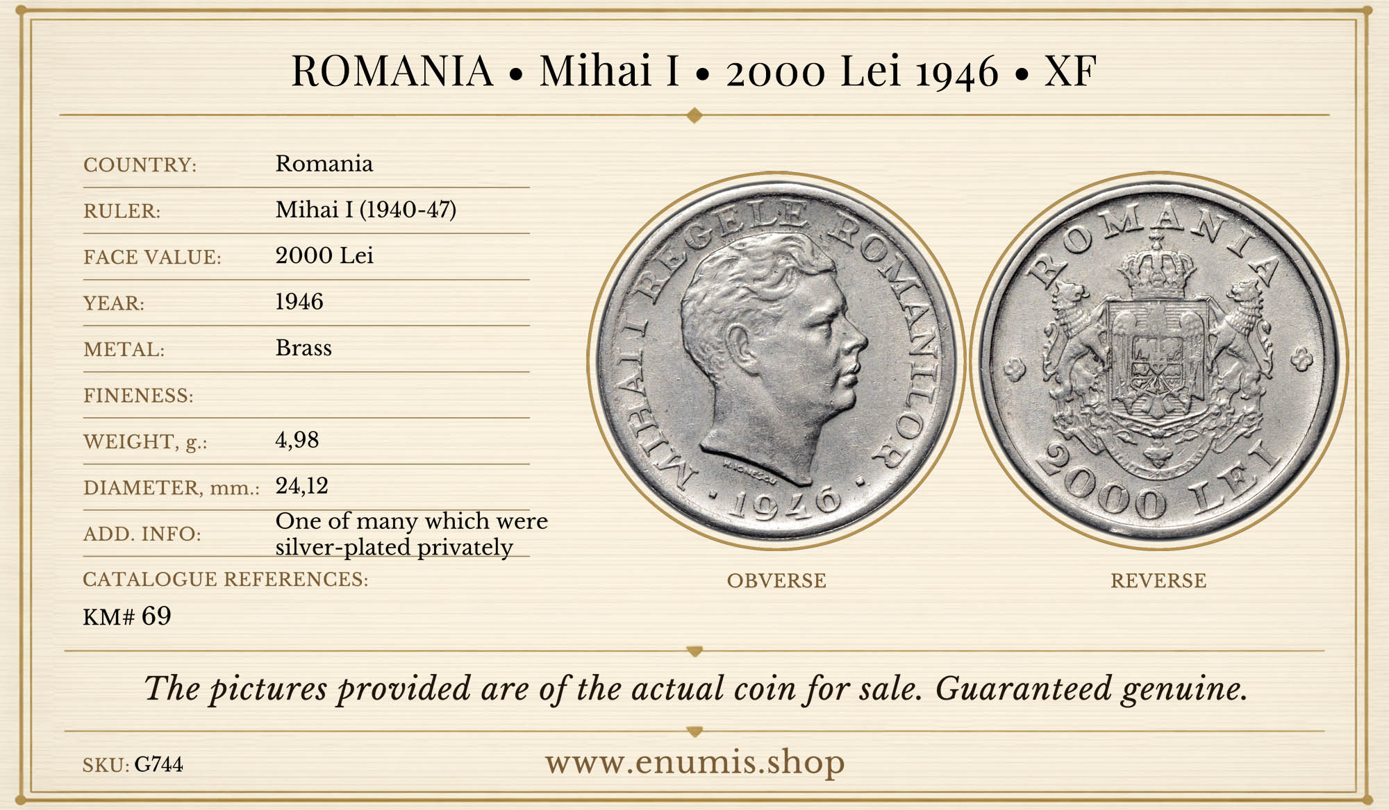 ROMANIA, Mihai I, 2000 Lei 1946, XF