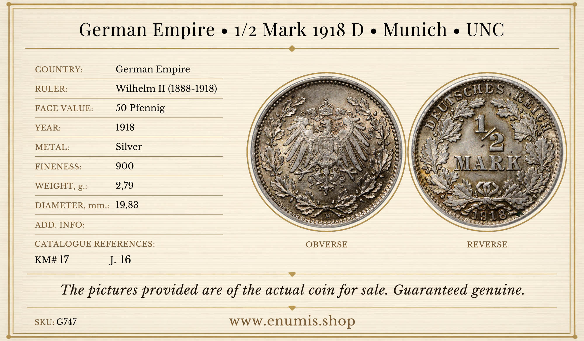 German Empire, 1/2 Mark 1918 D, Munich, UNC German Empire, 1/2 Mark 1918 D, Munich, UNC