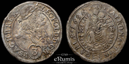 AUSTRIA, HUNGARY, Leopold I, 3 Kreuzer Krajcár 1696 KB, Kremnitz, Rare!, XF