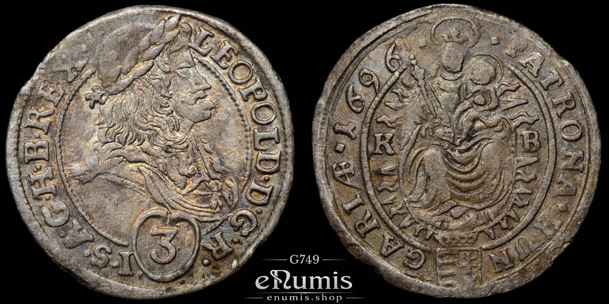 AUSTRIA, HUNGARY, Leopold I, 3 Kreuzer Krajcár 1696 KB, Kremnitz, Rare!, XF