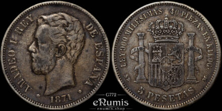 SPAIN, Amadeo I, 5 Pesetas 1871 SD-M, toned, VF