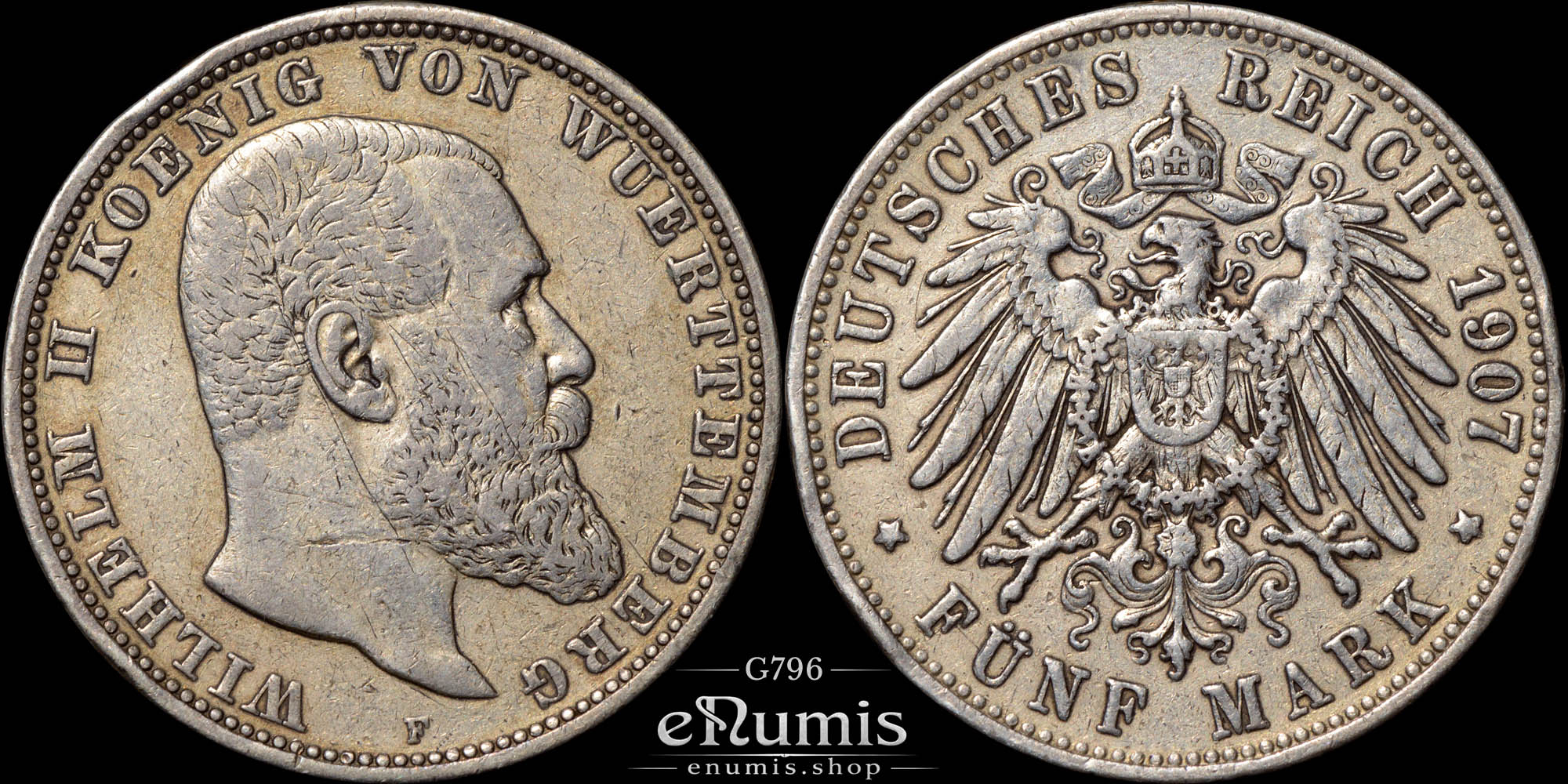 Germany, Wurttemberg, Wilhelm II, 5 Mark 1907, VF