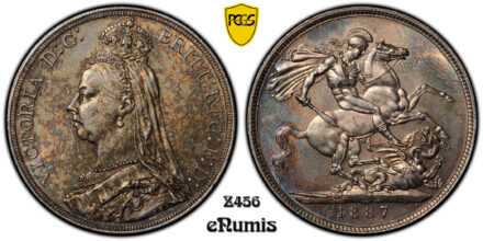 Great Britain, Victoria, Crown 1887, toned, PCGS MS 62