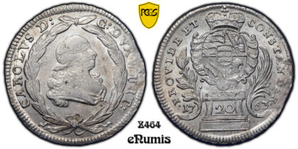 Germany, Wurttemberg, Karl Eugen, 20 Kreuzer 1763, Mule, Very Rare, Top Pop, PCGS AU 58
