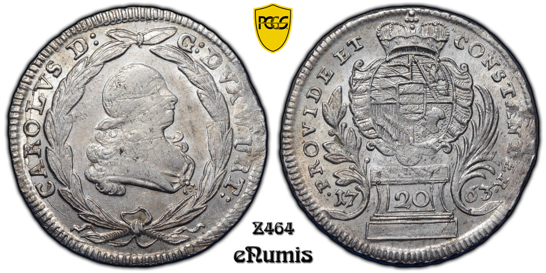 Germany, Wurttemberg, Karl Eugen, 20 Kreuzer 1763, Mule, Very Rare, Top Pop, PCGS AU 58 Germany, Wurttemberg, Karl Eugen, 20 Kreuzer 1763, Mule, Very Rare, Top Pop, PCGS AU 58