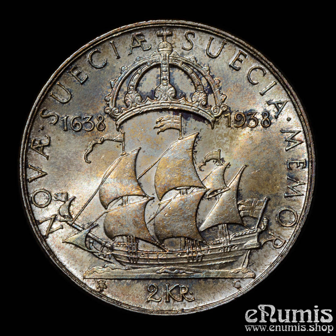 SWEDEN, Gustaf V, 2 Kronor 1938, 300th Anniversary - Settlement of Delaware, UNC