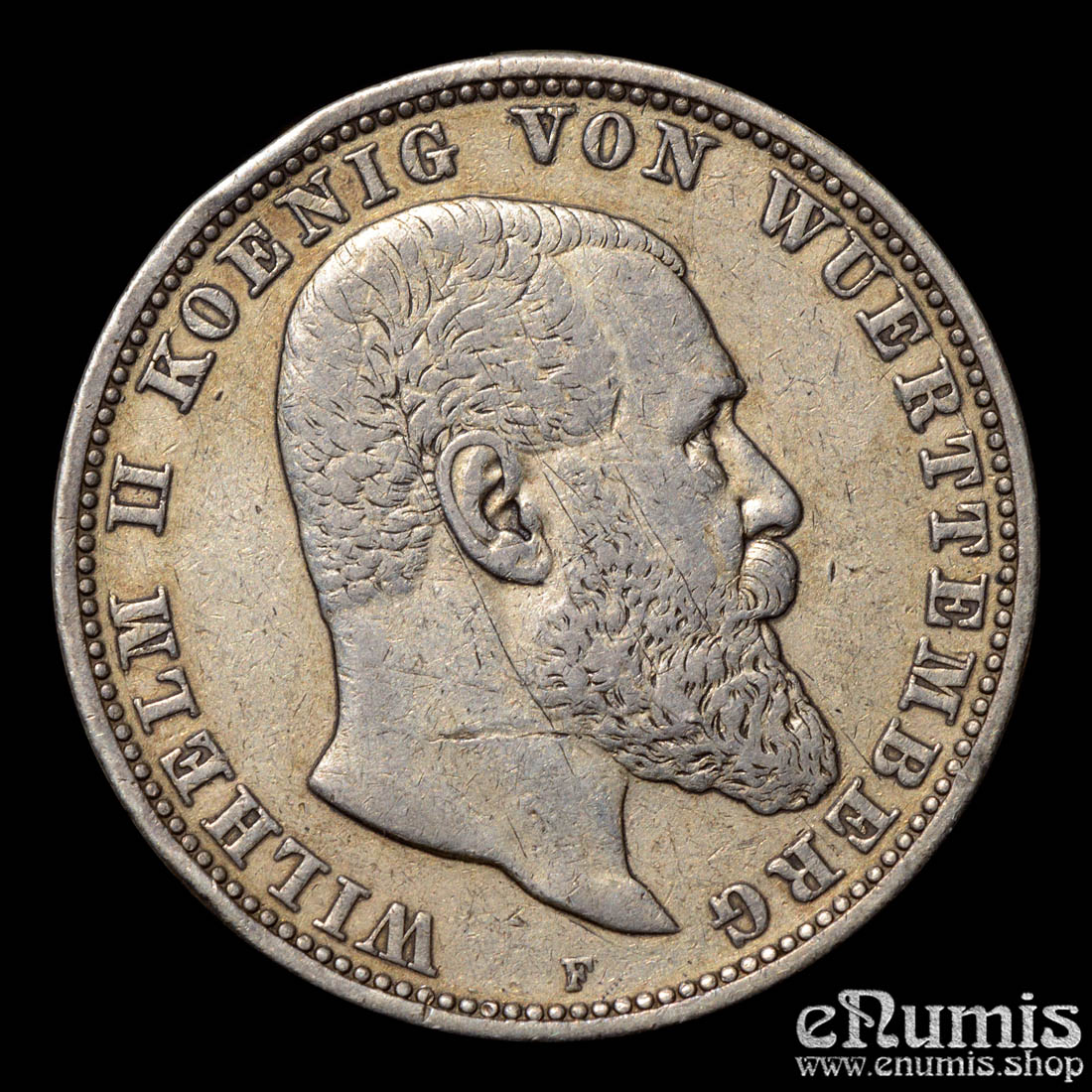 Germany, Wurttemberg, Wilhelm II, 5 Mark 1907, VF
