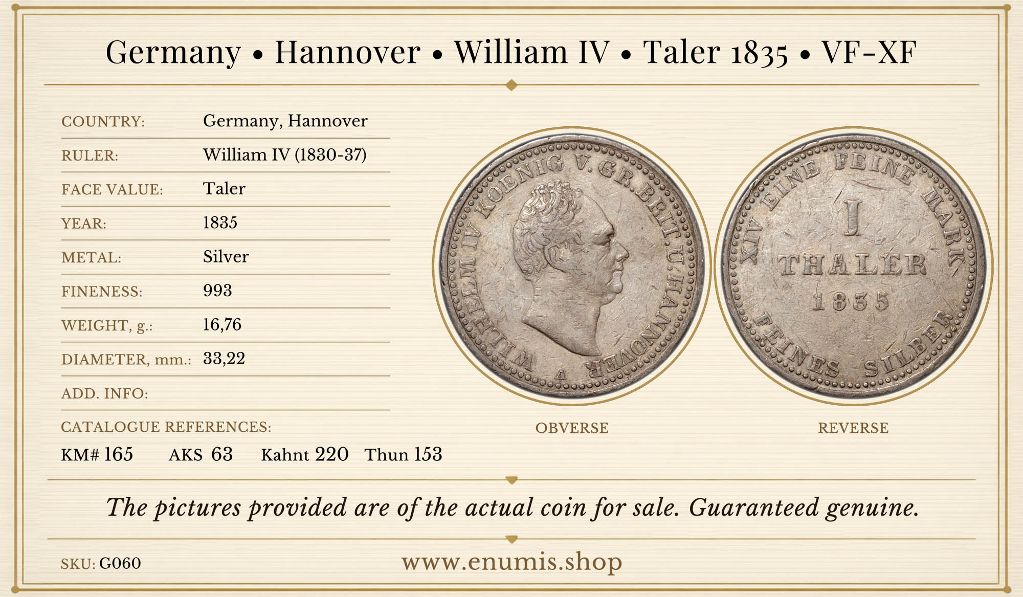 Germany, Hannover, William IV, Taler 1835, VF-XF