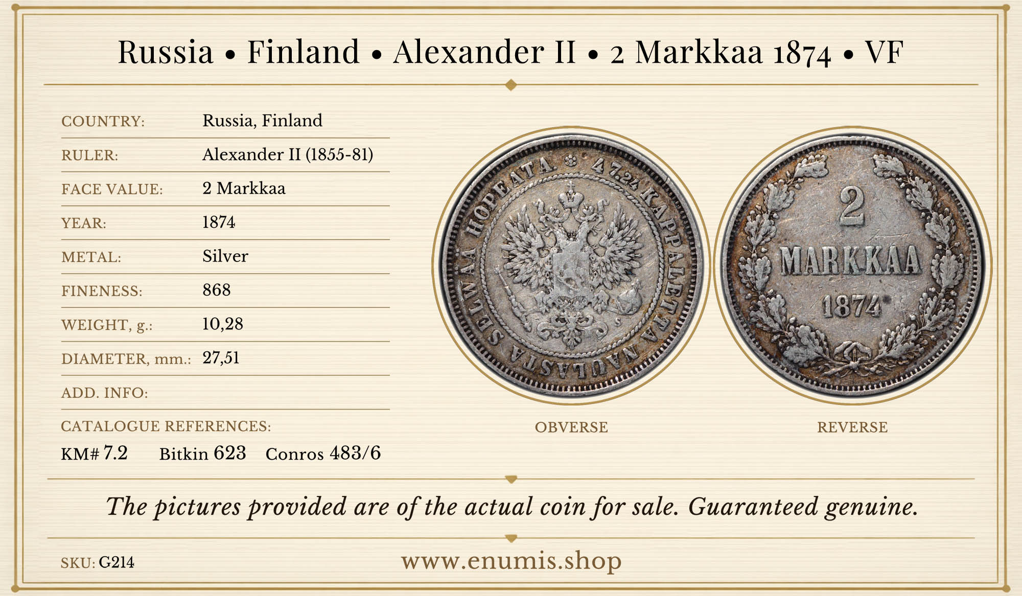 Russia, Finland, Alexander II, 2 Markkaa 1874, VF Russia, Finland, Alexander II, 2 Markkaa 1874, VF