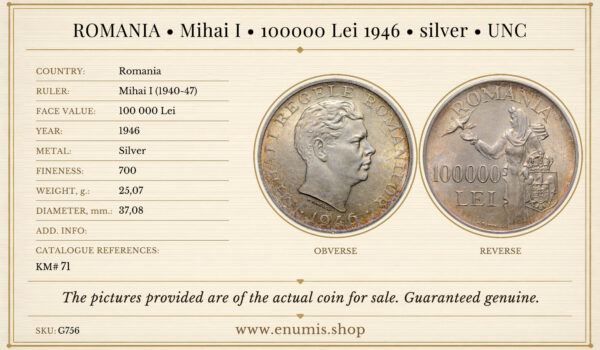 ROMANIA, Mihai I, 100000 Lei 1946, silver, UNC • eNumis.shop