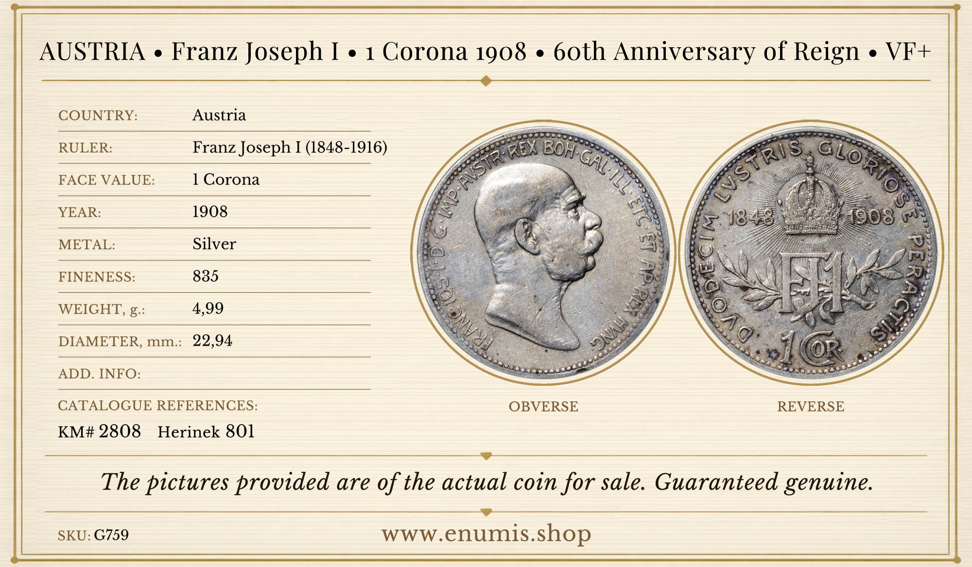 AUSTRIA, Franz Joseph I, 1 Corona 1908, 60th Anniversary of Reign, VF+ AUSTRIA, Franz Joseph I, 1 Corona 1908, 60th Anniversary of Reign, VF+