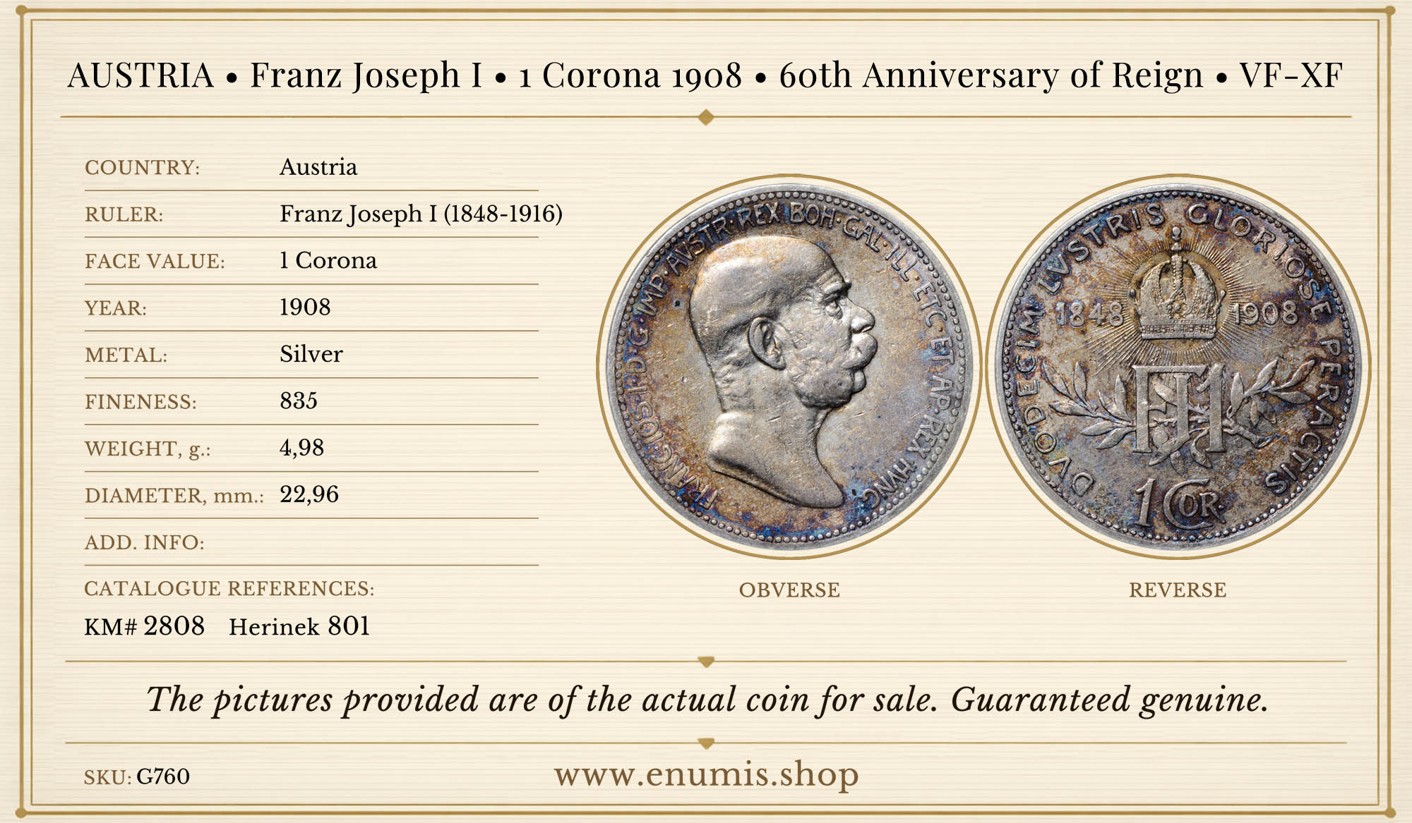 AUSTRIA, Franz Joseph I, 1 Corona 1908, 60th Anniversary of Reign, VF-XF