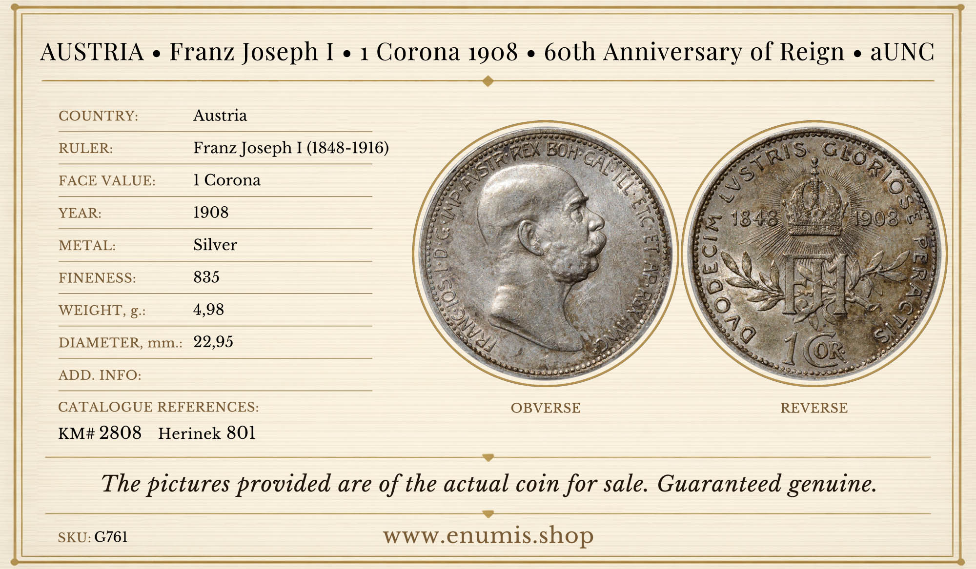 AUSTRIA, Franz Joseph I, 1 Corona 1908, 60th Anniversary of Reign, aUNC
