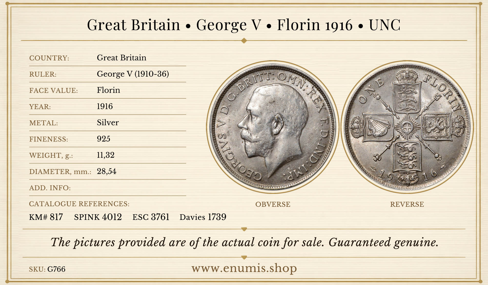Great Britain, George V, Florin 1916, UNC