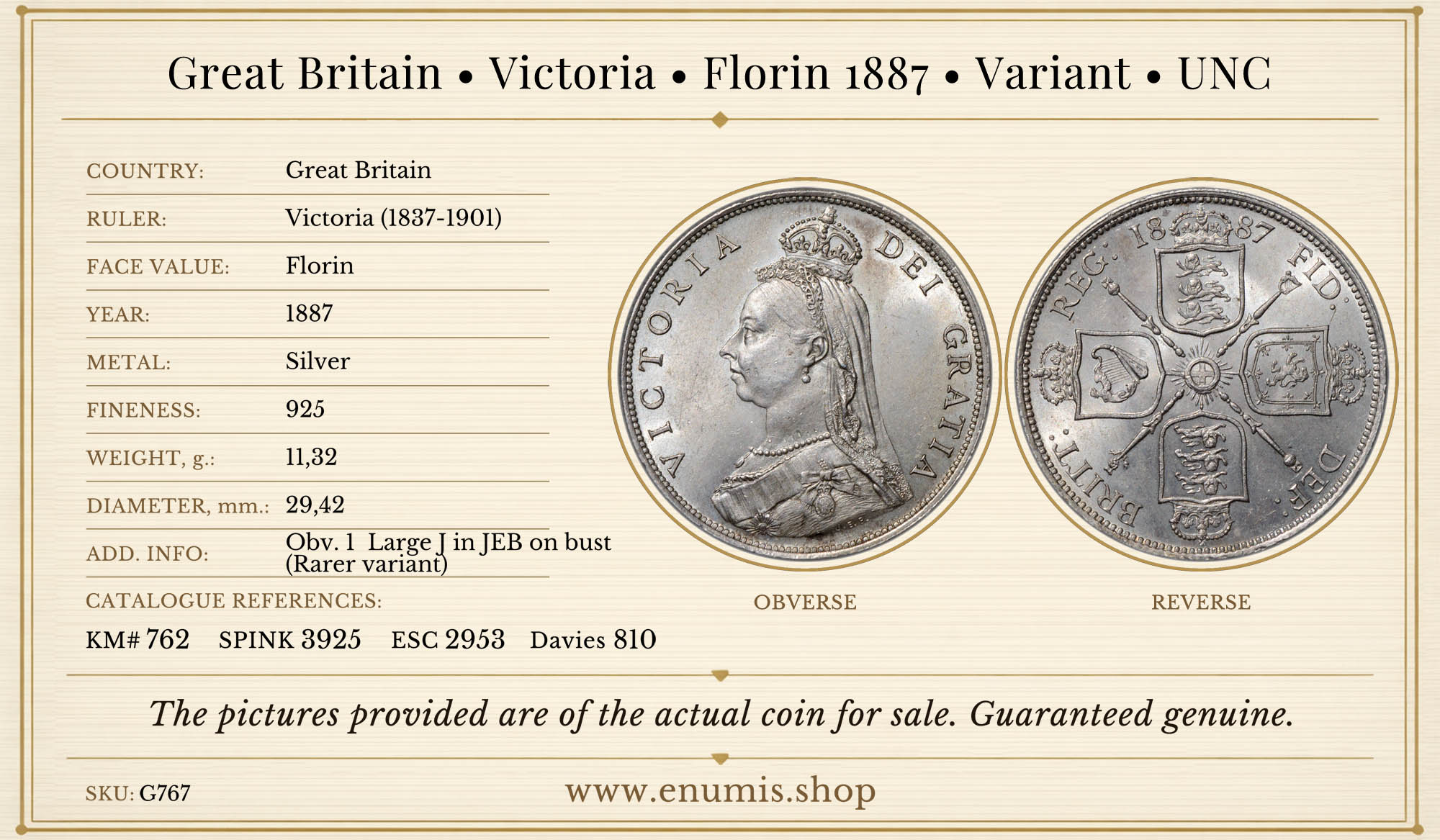 Great Britain, Victoria, Florin 1887, Variant, UNC