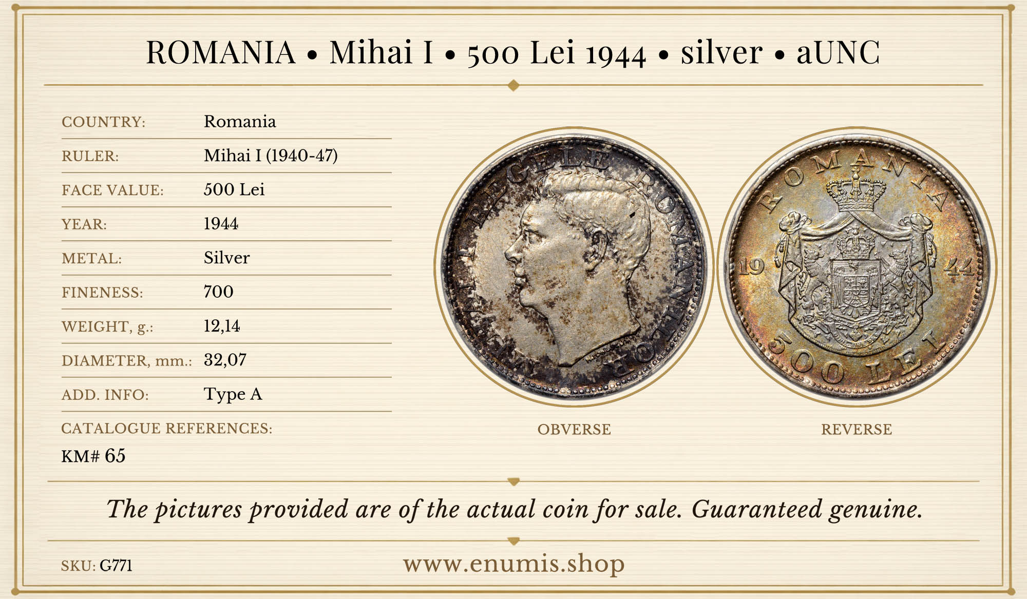 ROMANIA, Mihai I, 500 Lei 1944, silver, aUNC ROMANIA, Mihai I, 500 Lei 1944, silver, aUNC