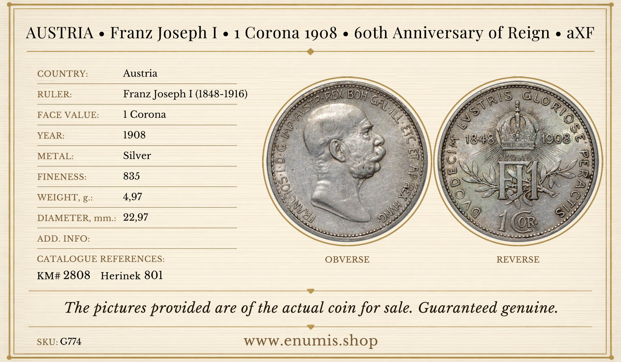 AUSTRIA, Franz Joseph I, 1 Corona 1908, 60th Anniversary of Reign, aXF AUSTRIA, Franz Joseph I, 1 Corona 1908, 60th Anniversary of Reign, aXF
