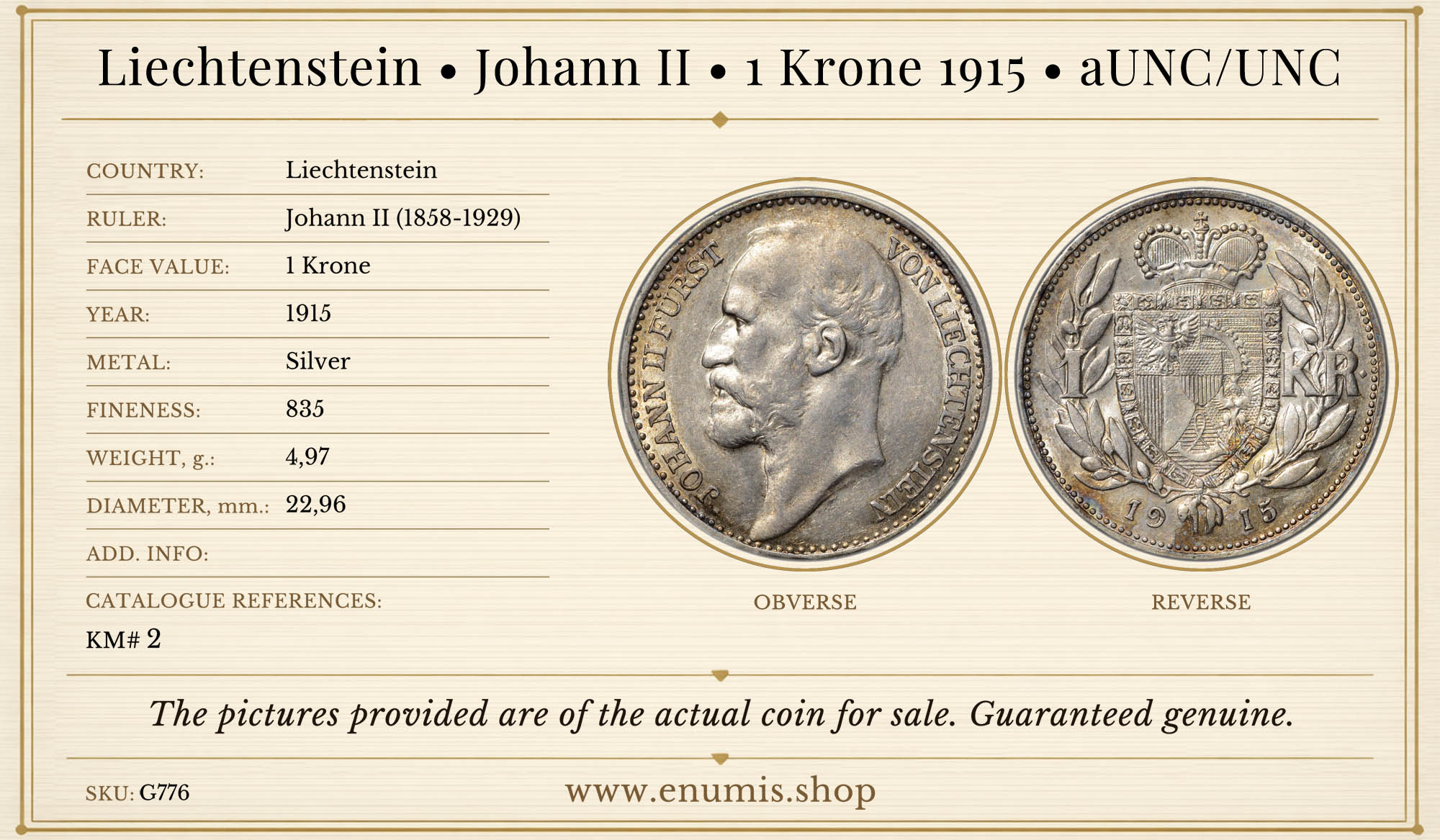 Liechtenstein, Johann II, 1 Krone 1915, aUNC/UNC Liechtenstein, Johann II, 1 Krone 1915, aUNC/UNC