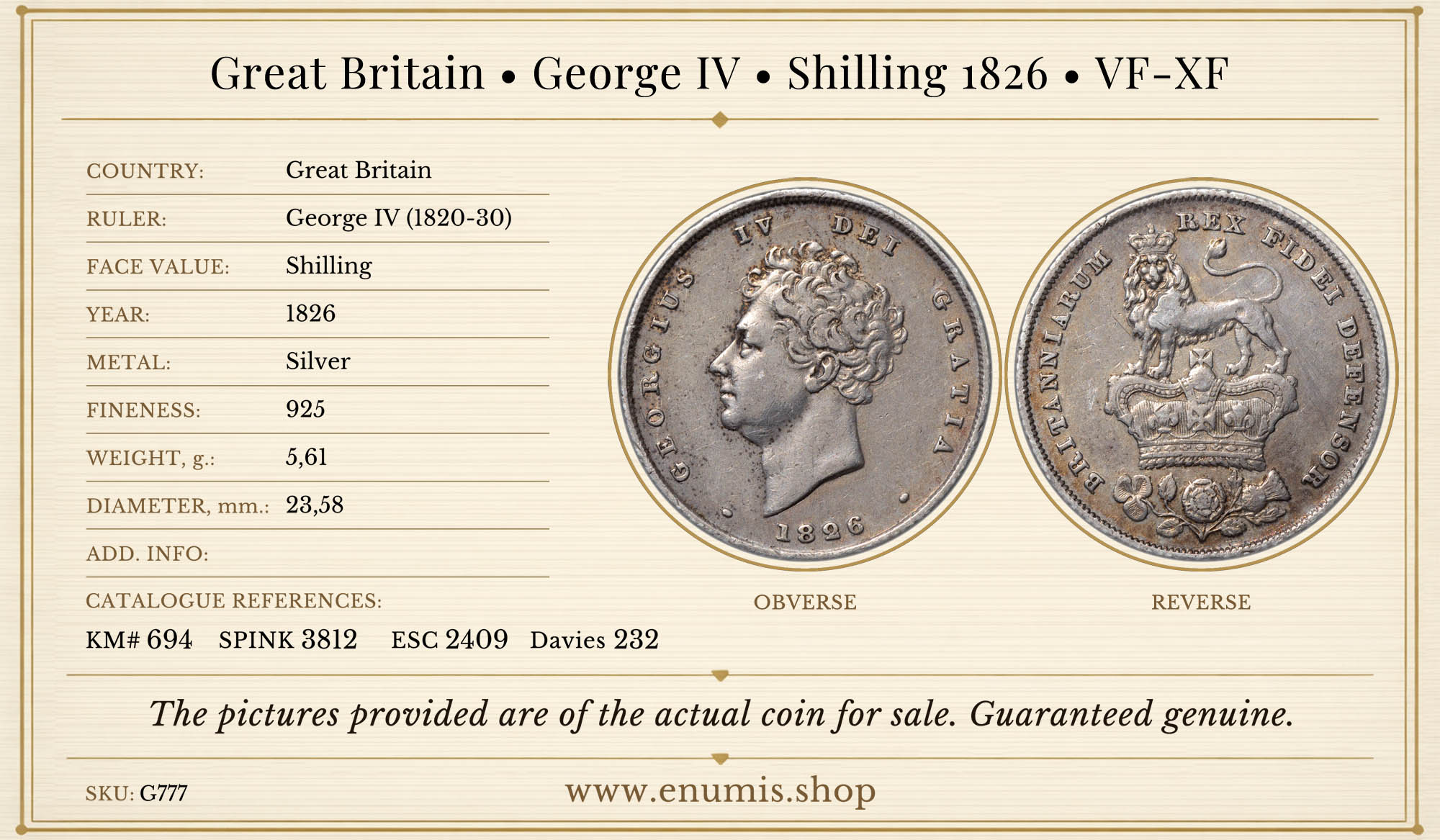 Great Britain, George IV, Shilling 1826, VF-XF Great Britain, George IV, Shilling 1826, VF-XF