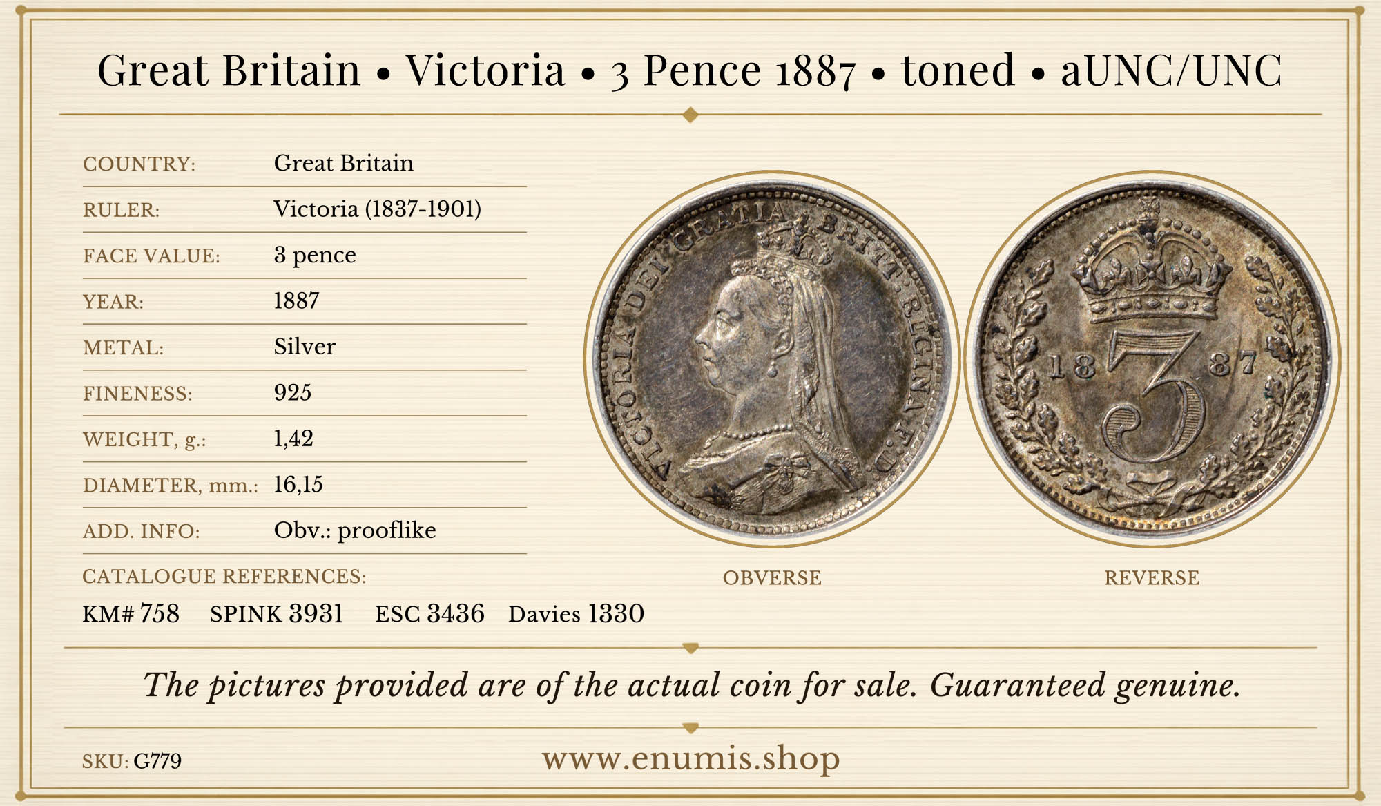 Great Britain, Victoria, 3 Pence 1887, toned, aUNC/UNC Great Britain, Victoria, 3 Pence 1887, toned, aUNC/UNC