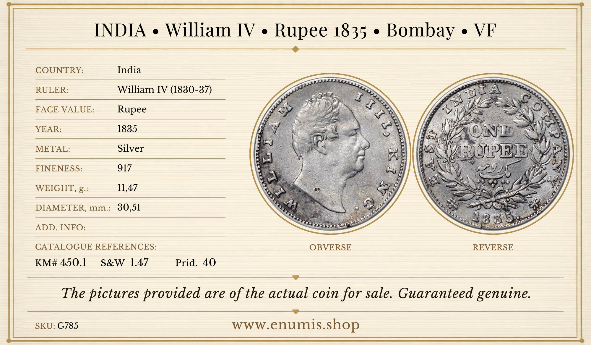 INDIA, William IV, Rupee 1835, Bombay, VF