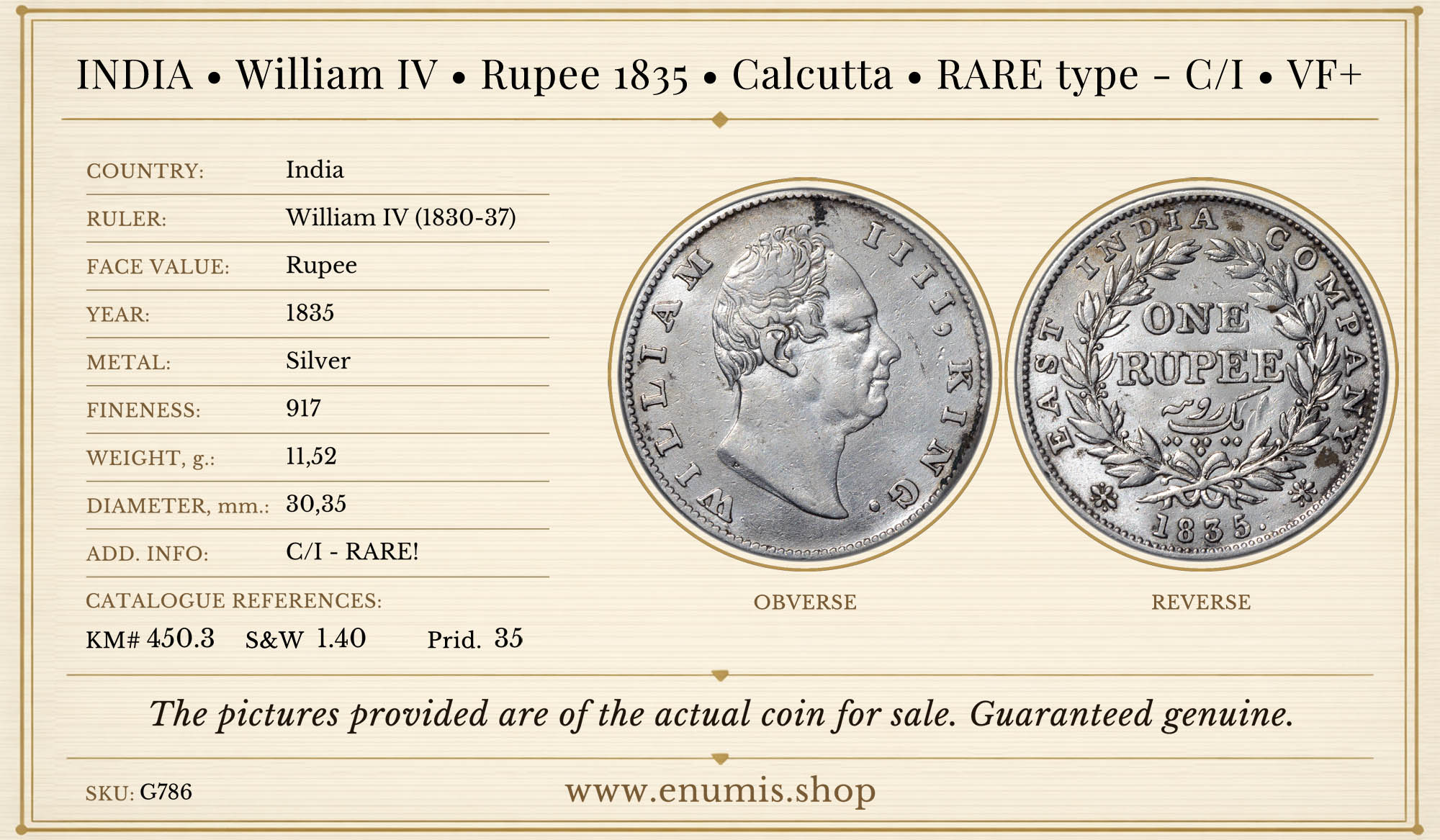INDIA, William IV, Rupee 1835, Calcutta, RARE type - C/I, VF+ INDIA, William IV, Rupee 1835, Calcutta, RARE type - C/I, VF+