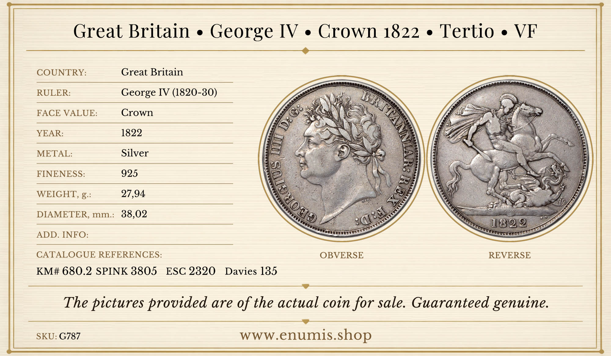 Great Britain, George IV, Crown 1822, Tertio, VF