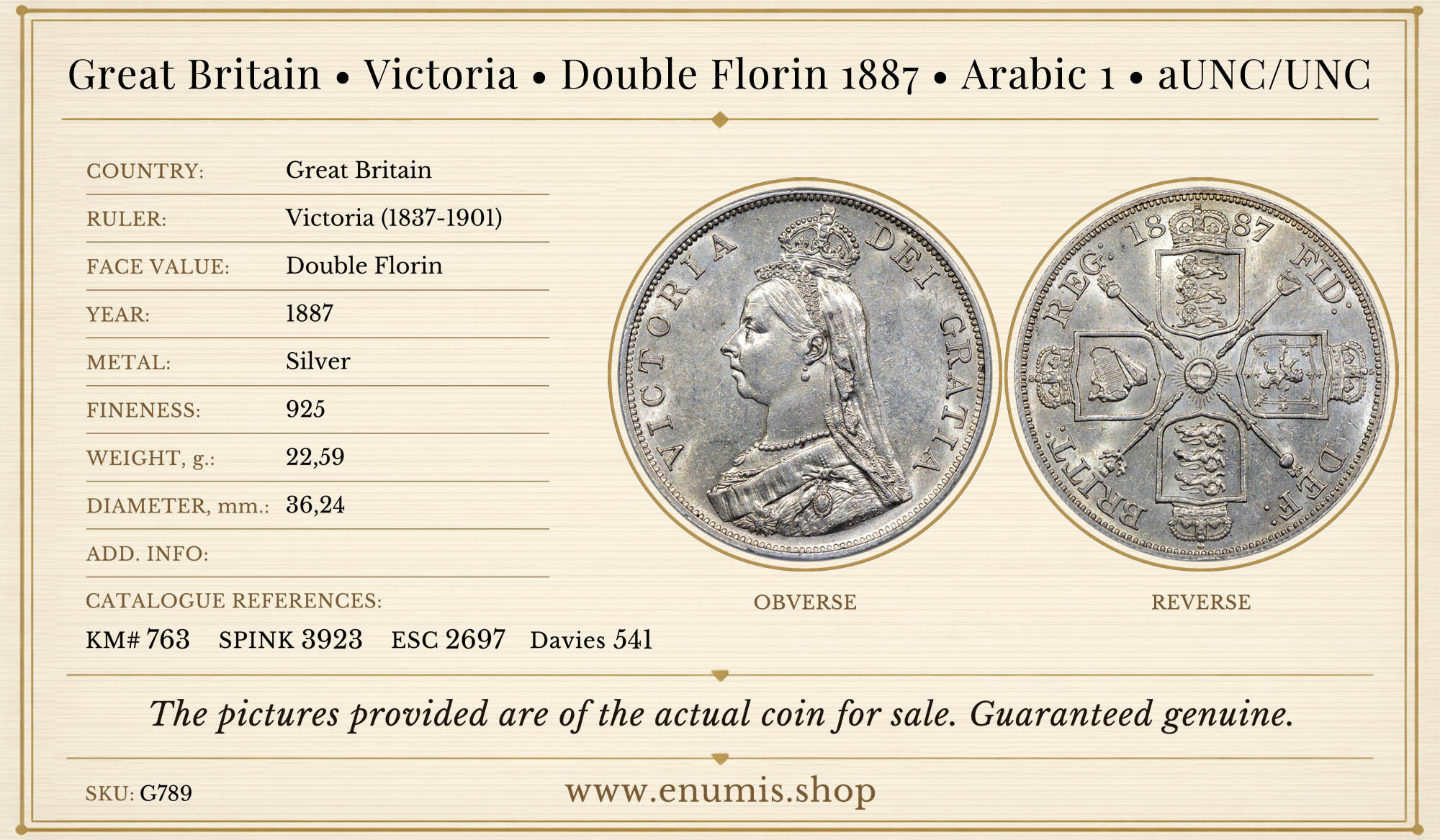 Great Britain, Victoria, Double Florin 1887, Arabic 1, aUNC/UNC Great Britain, Victoria, Double Florin 1887, Arabic 1, aUNC/UNC