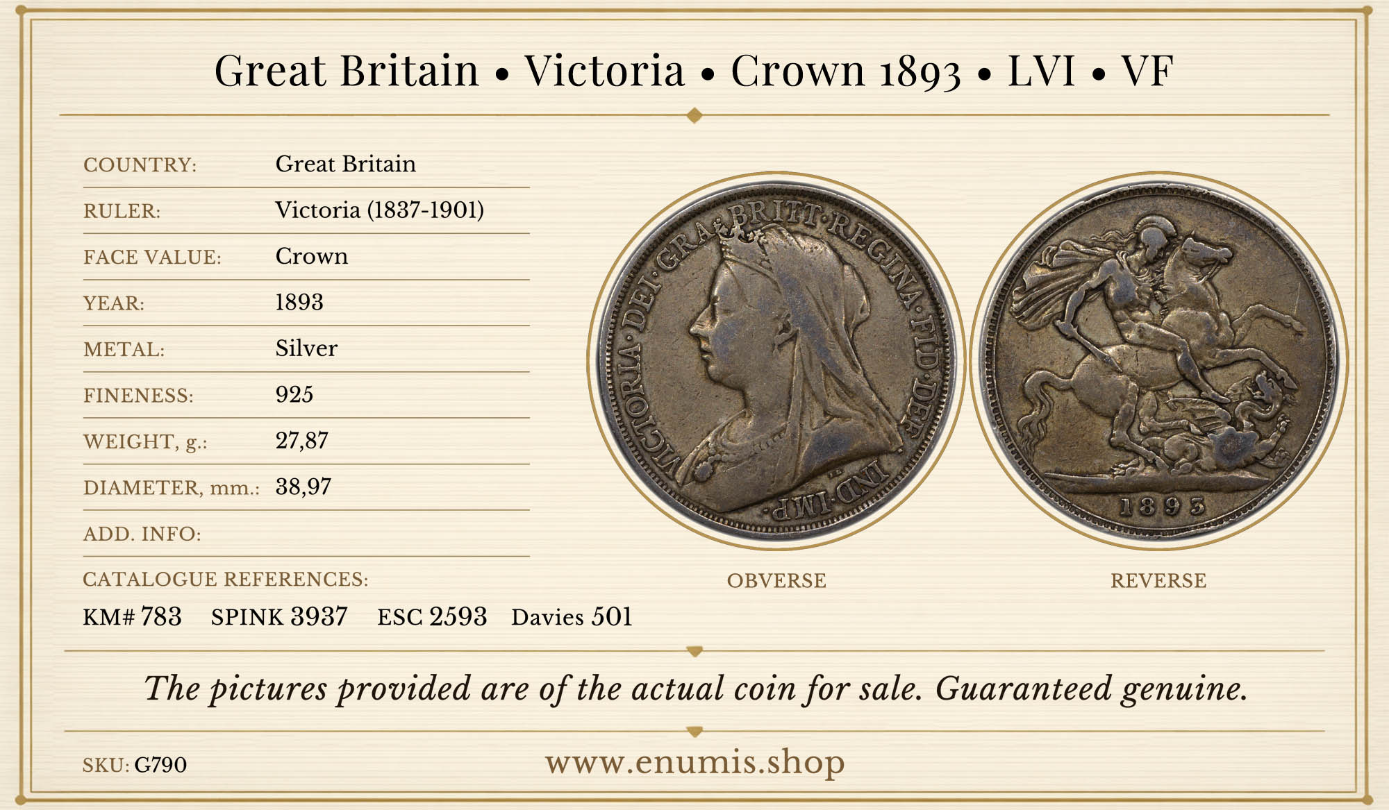 Great Britain, Victoria, Crown 1893, LVI, VF Great Britain, Victoria, Crown 1893, LVI, VF