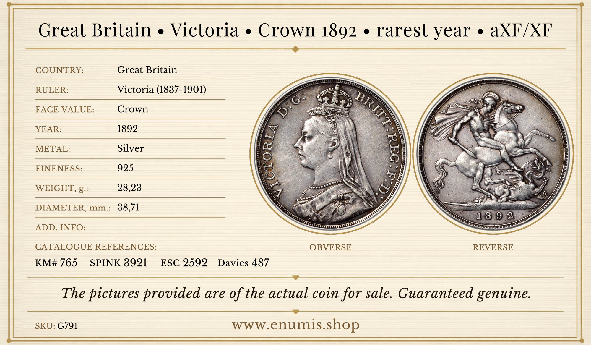 Great Britain, Victoria, Crown 1892, rarest year, aXF/XF Great Britain, Victoria, Crown 1892, rarest year, aXF/XF