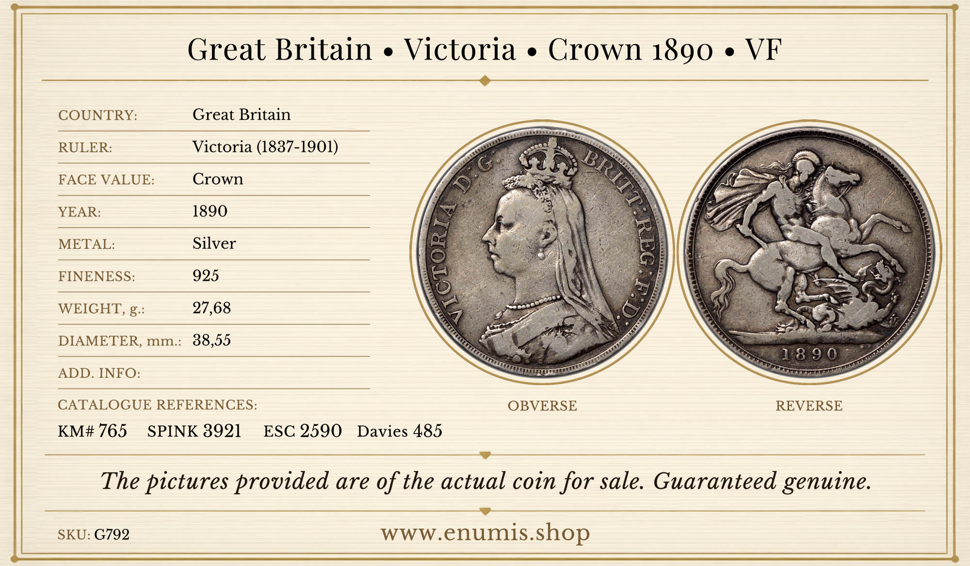 Great Britain, Victoria, Crown 1890, VF