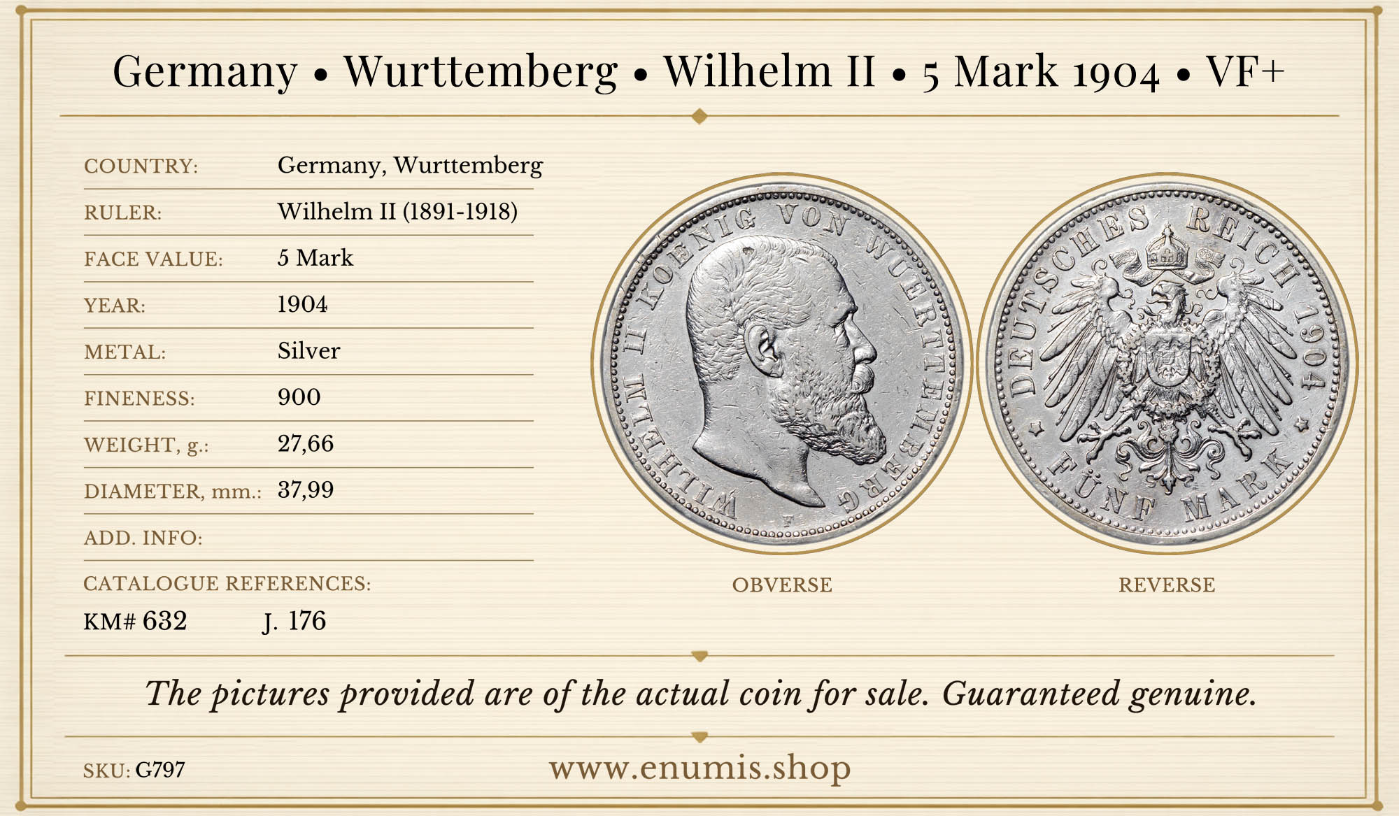Germany, Wurttemberg, Wilhelm II, 5 Mark 1904, VF+ Germany, Wurttemberg, Wilhelm II, 5 Mark 1904, VF+