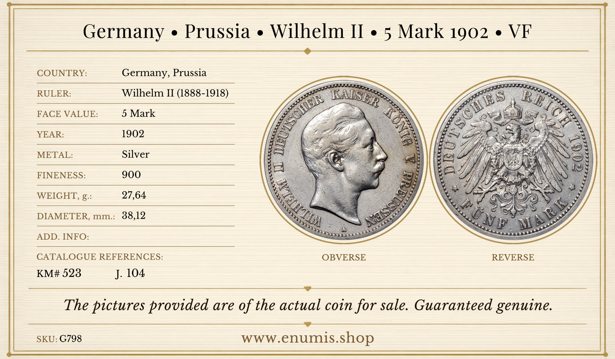 Germany, Prussia, Wilhelm II, 5 Mark 1902, VF