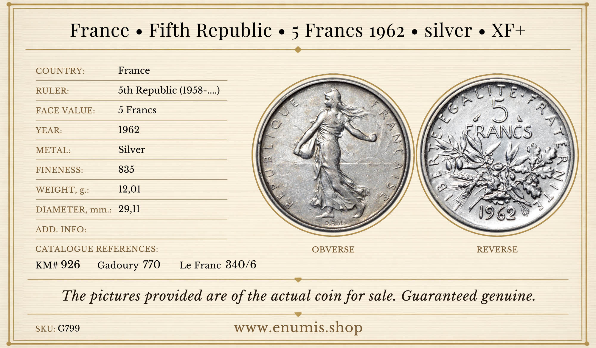 France, Fifth Republic, 5 Francs 1962, silver, XF+