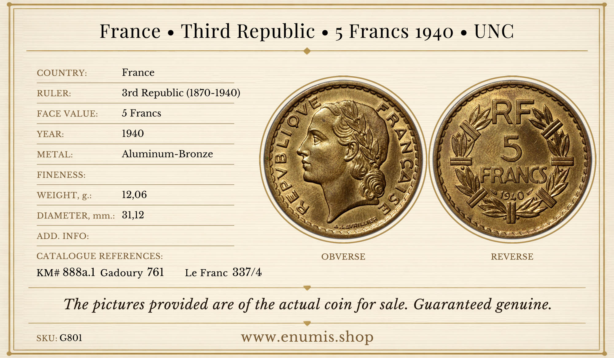 France, Third Republic, 5 Francs 1940, UNC