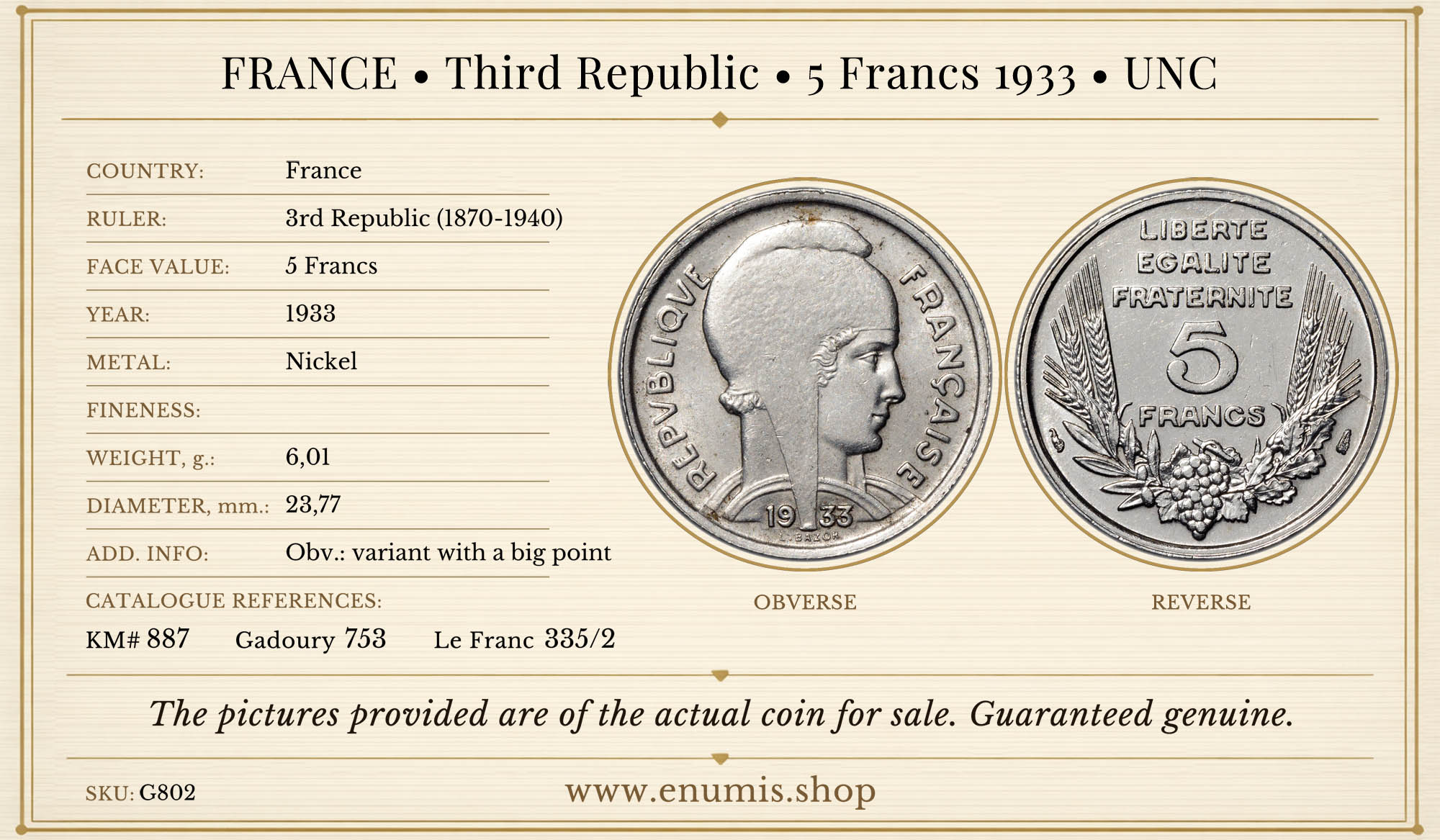 FRANCE, Third Republic, 5 Francs 1933, UNC
