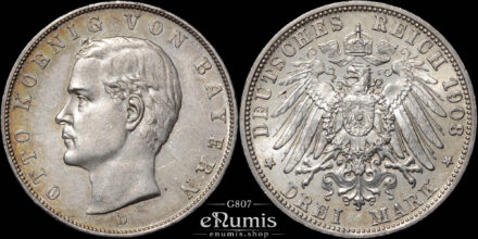 Germany, Bavaria, Otto, 3 Mark 1908, aUNC