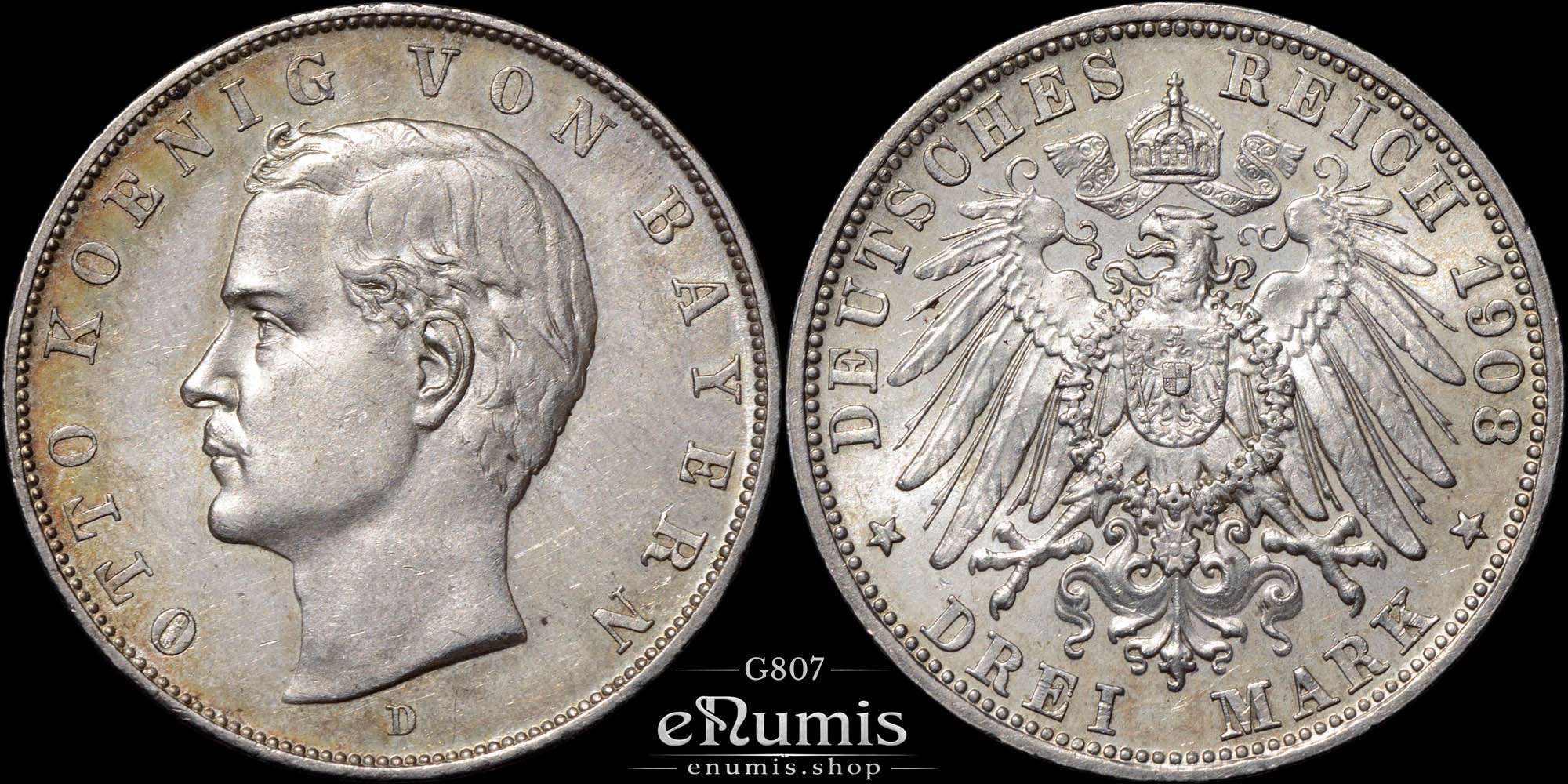 Germany, Bavaria, Otto, 3 Mark 1908, aUNC