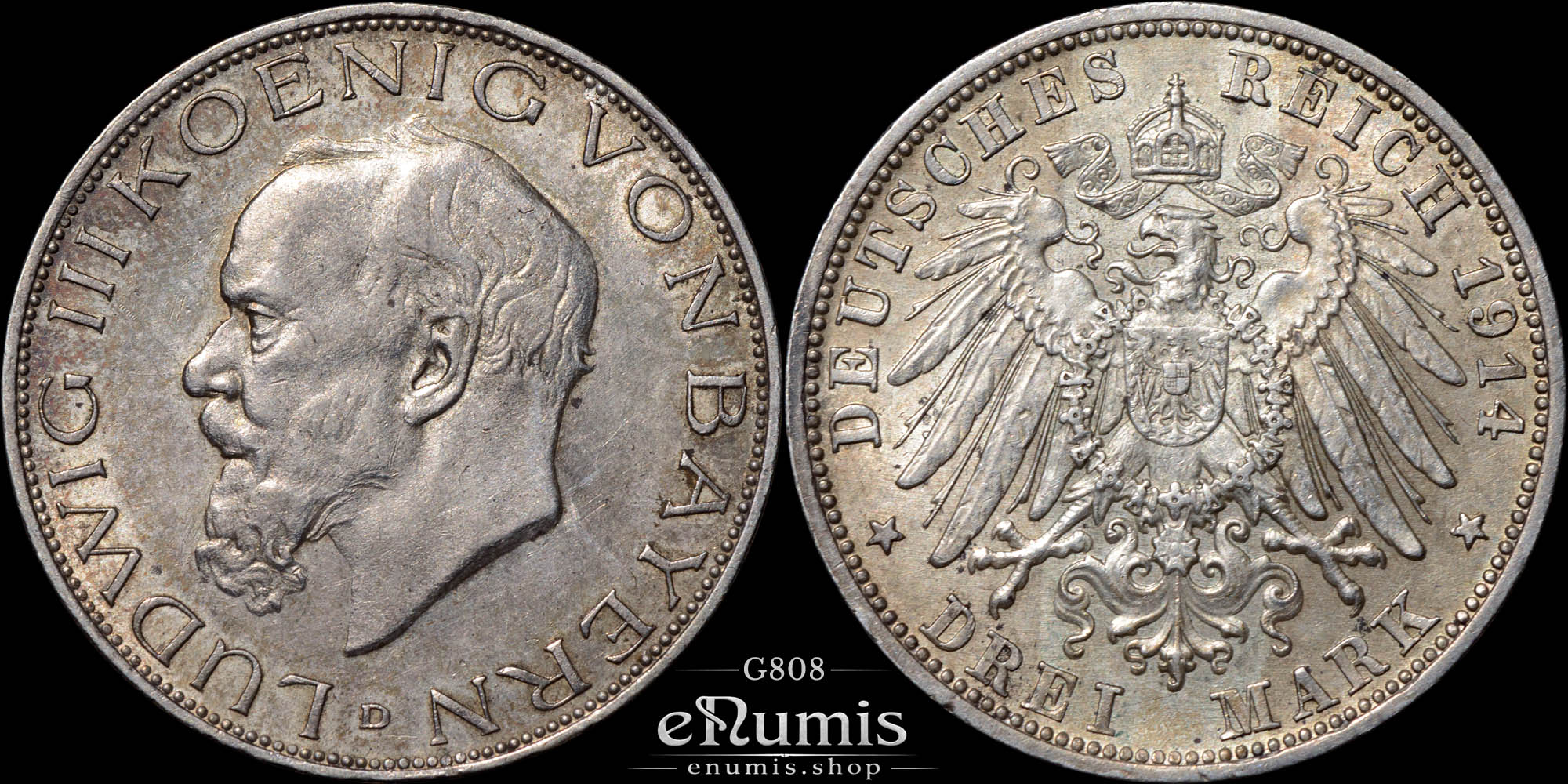 Germany, Bavaria, Ludwig III, 3 Mark 1914, XF-UNC