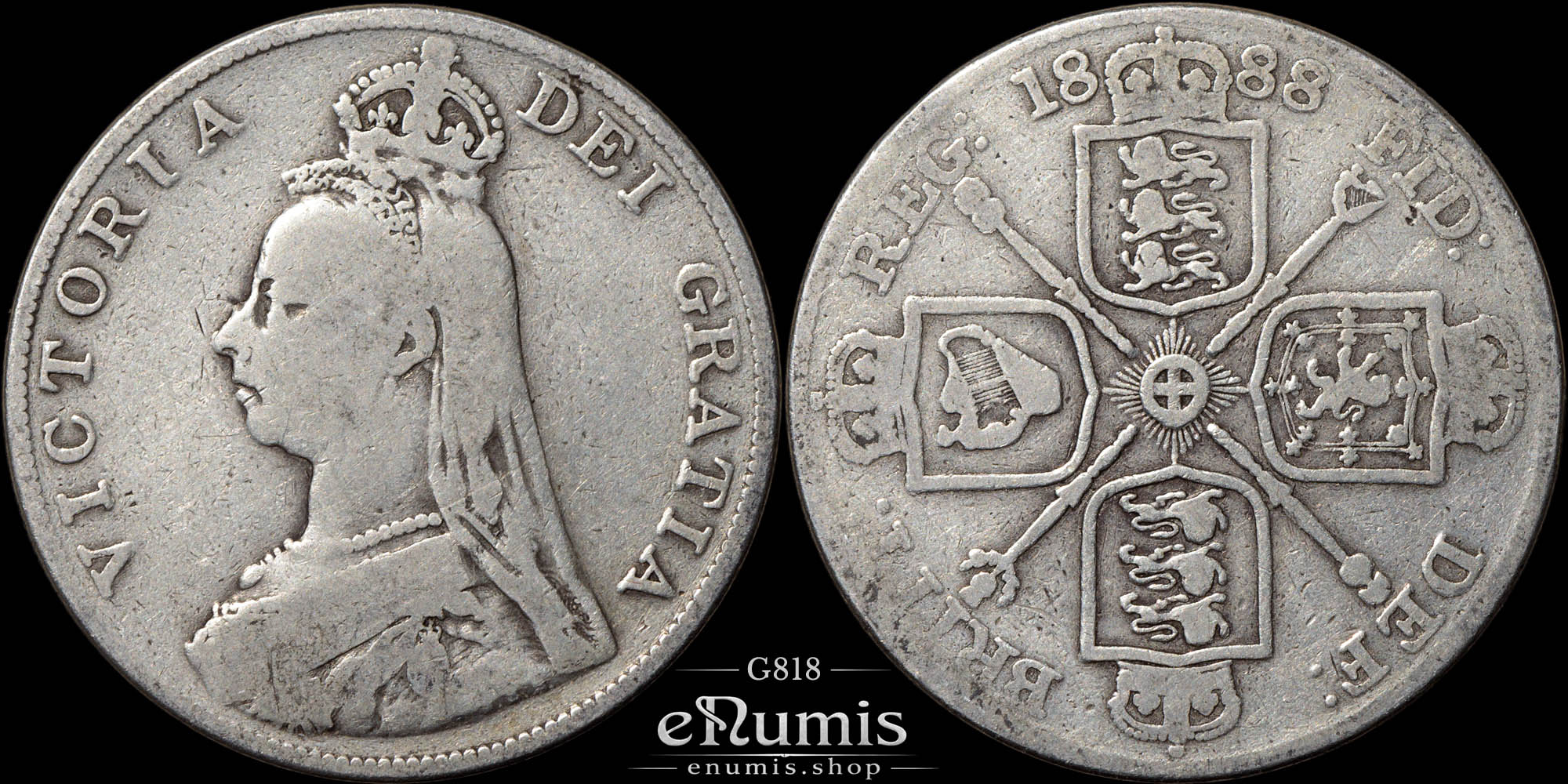 Great Britain, Victoria, Double Florin 1888, Scarce variety, inverted 1, Fine