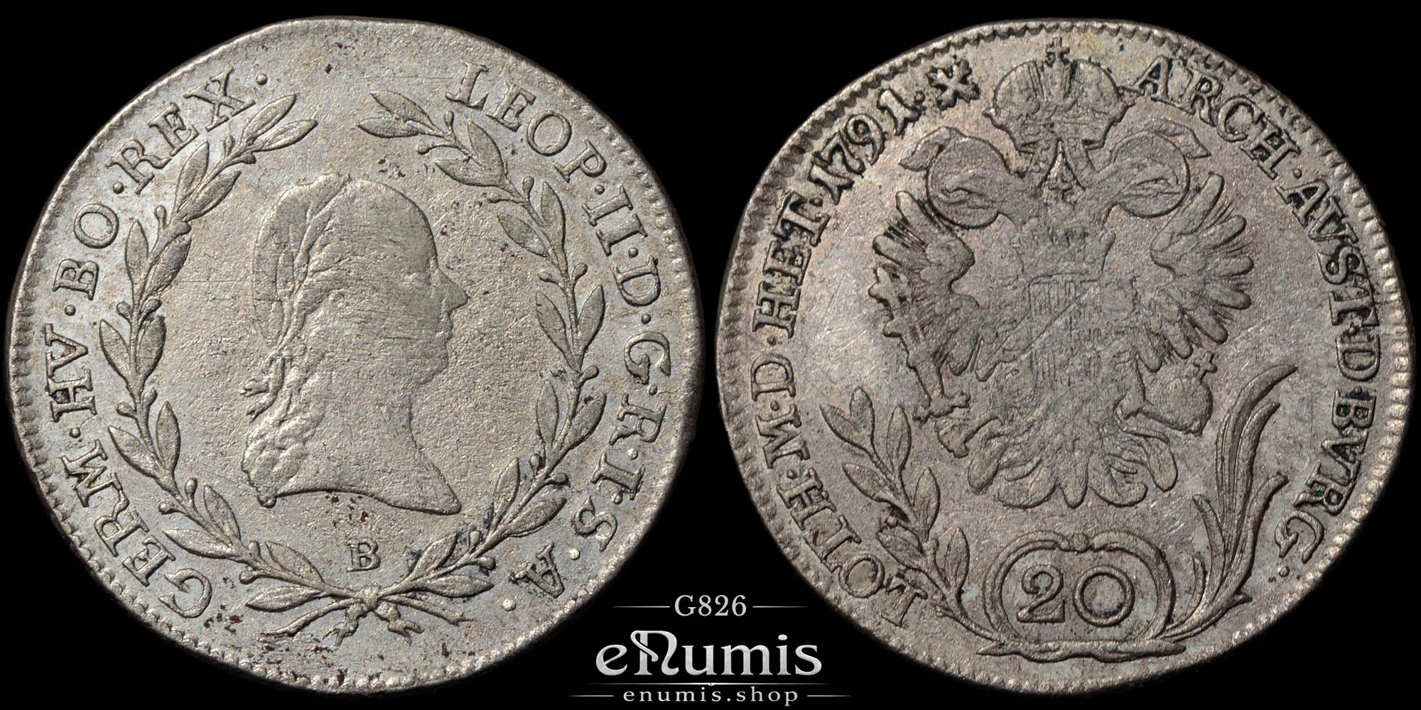 Austria, Leopold II, 20 Kreuzer 1791 B, Kremnitz, VF‑XF Austria, Leopold II, 20 Kreuzer 1791 B, Kremnitz, VF‑XF