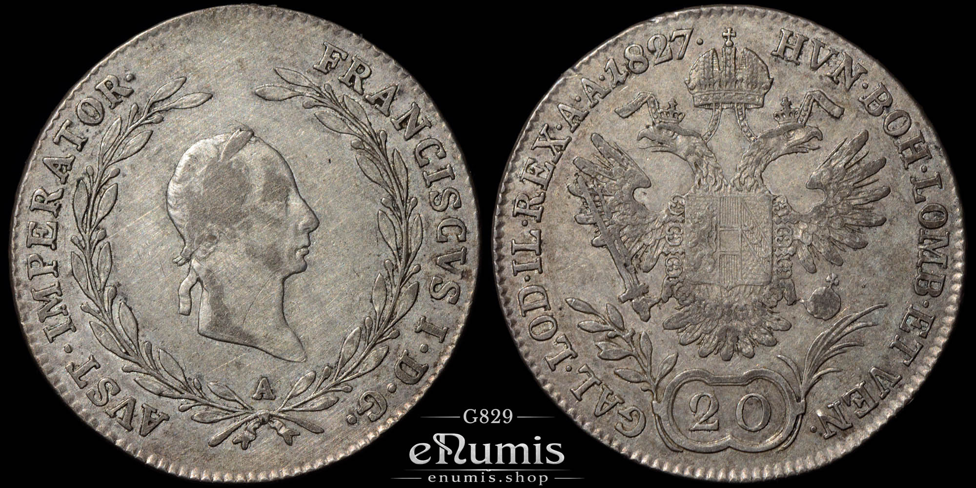 Austria, Franz I, 20 Kreuzer 1827 A, VF-XF Austria, Franz I, 20 Kreuzer 1827 A, VF-XF