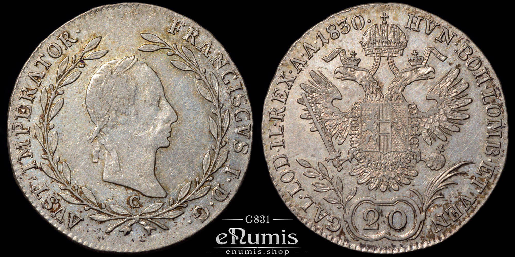 Austria, Franz I, 20 Kreuzer 1830 C, Prague, XF+