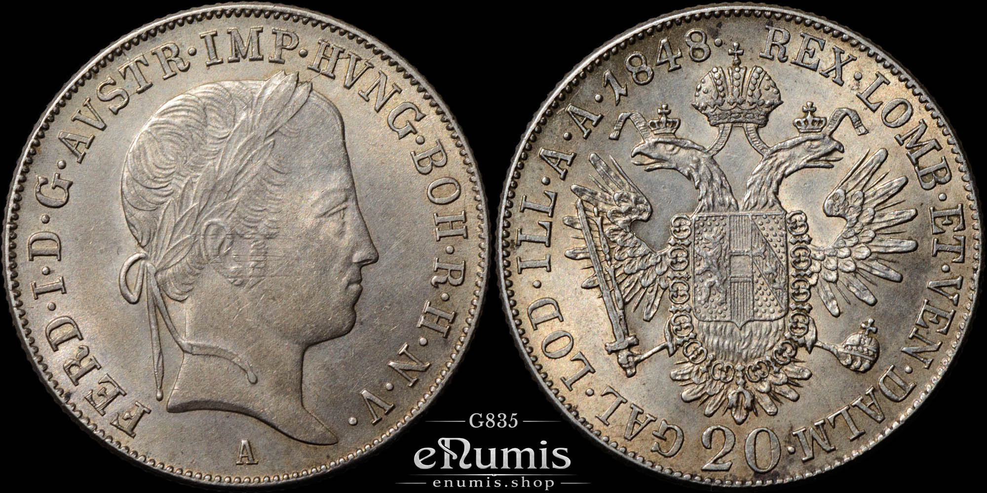 Austria, Ferdinand I, 20 Kreuzer 1848 A, UNC