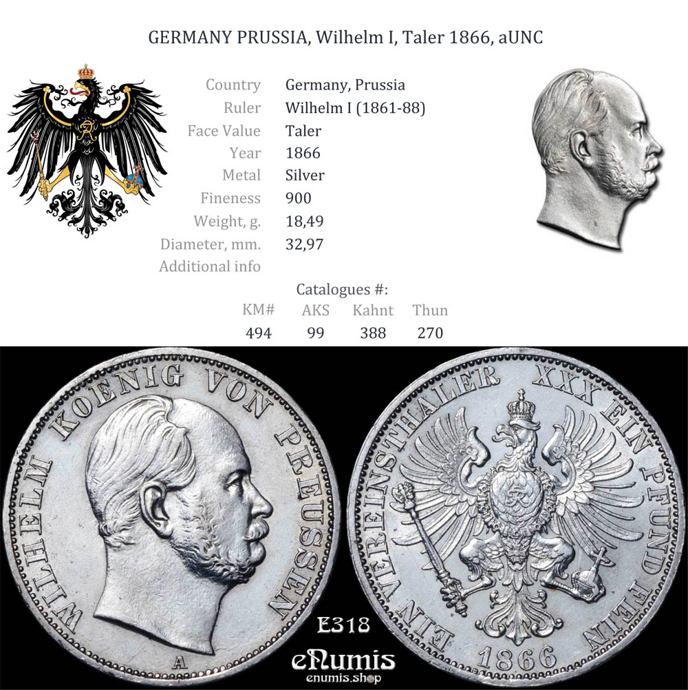 Germany, Prussia, Wilhelm I, Taler 1866, aUNC Germany, Prussia, Wilhelm I, Taler 1866, aUNC